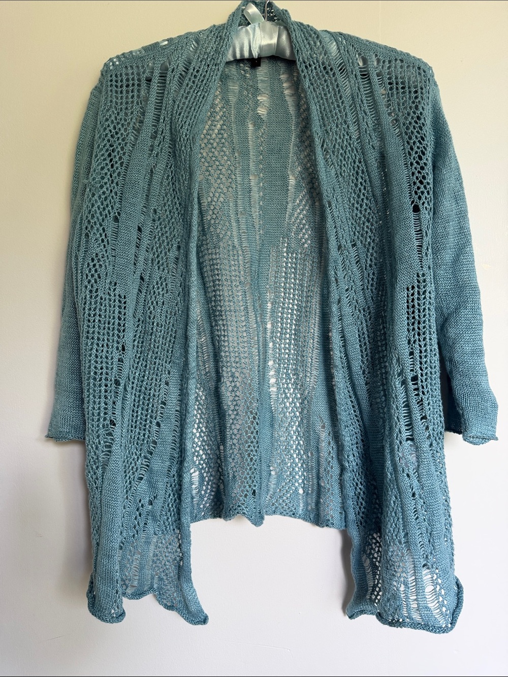 Eileen Fisher Open-Front Aqua Knit Cardigan 3/4 Sleeves Linen/Cotton